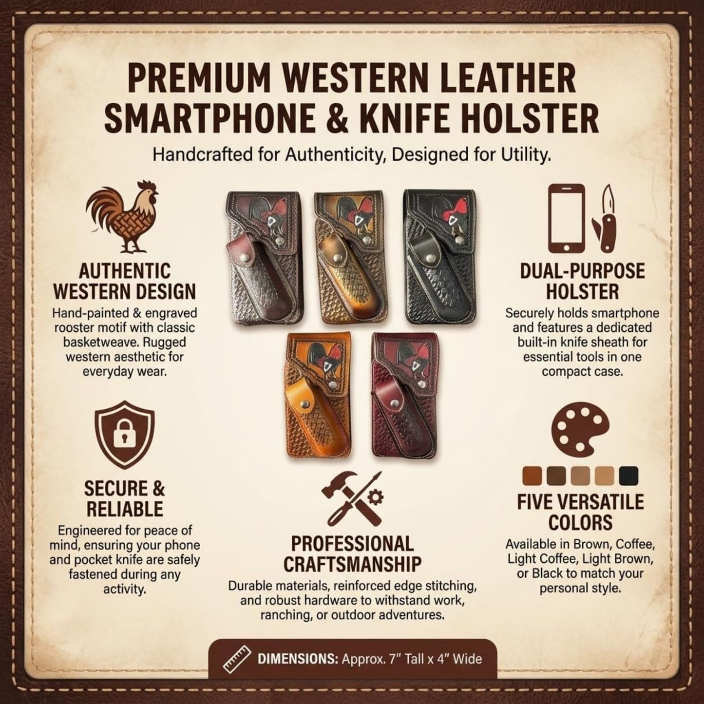 7" ROOSTER POUCH & KNIFE LEATHER HOLSTER XTRA LARGE  BELT LOOP CELL PHONE CASE UNIVERSAL OVERSIZE #EH13256