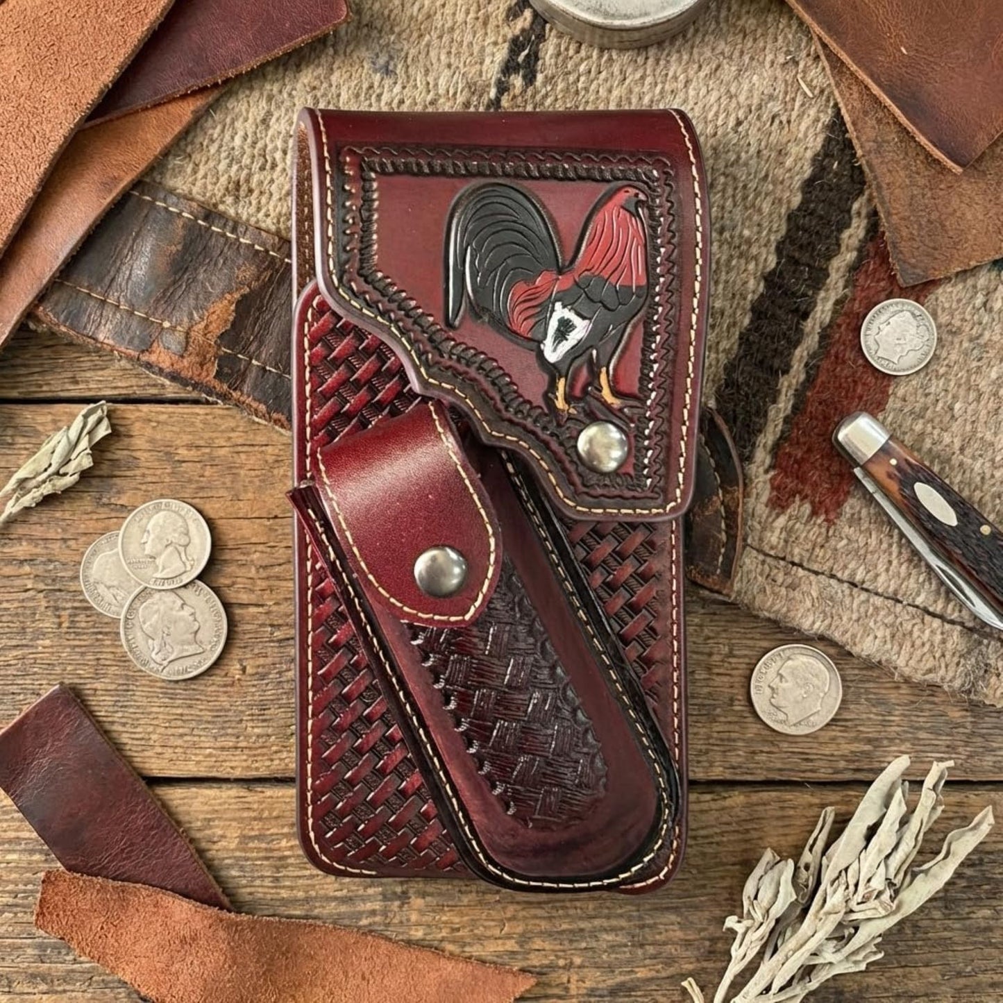 7" ROOSTER POUCH & KNIFE LEATHER HOLSTER XTRA LARGE  BELT LOOP CELL PHONE CASE UNIVERSAL OVERSIZE #EH13256