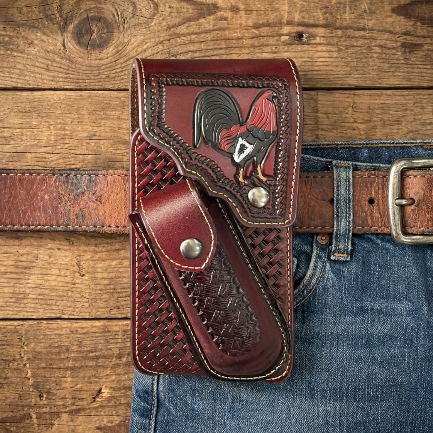 7" ROOSTER POUCH & KNIFE LEATHER HOLSTER XTRA LARGE  BELT LOOP CELL PHONE CASE UNIVERSAL OVERSIZE #EH13256