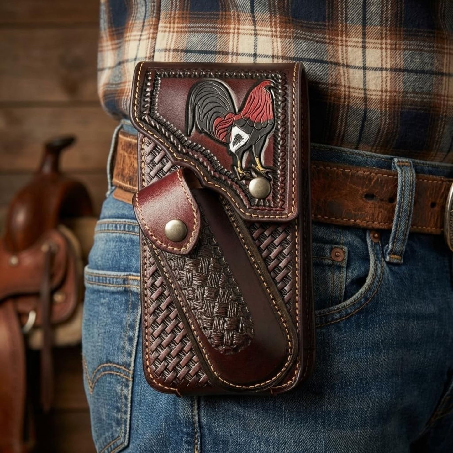 7" ROOSTER POUCH & KNIFE LEATHER HOLSTER XTRA LARGE  BELT LOOP CELL PHONE CASE UNIVERSAL OVERSIZE #EH13256