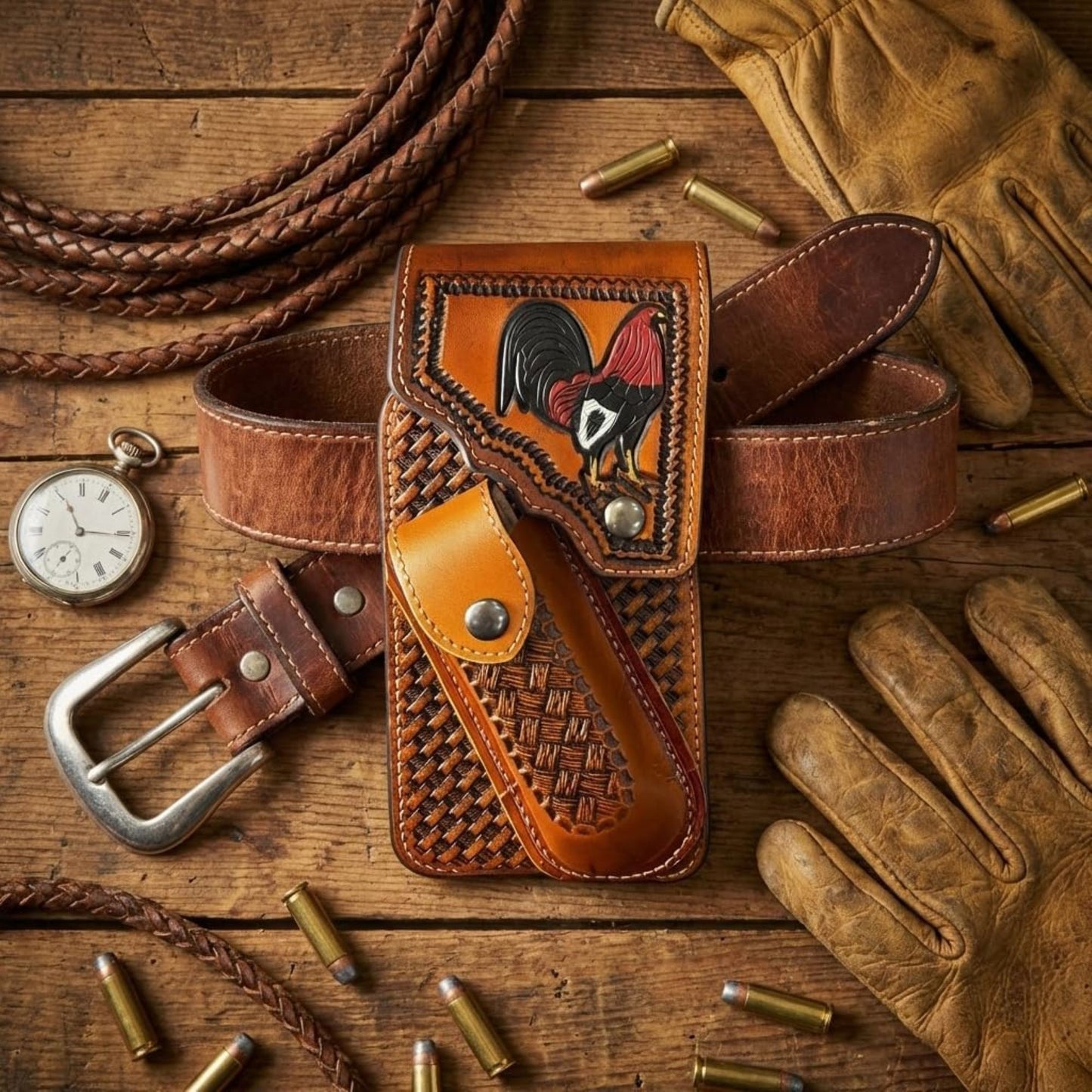 7" ROOSTER POUCH & KNIFE LEATHER HOLSTER XTRA LARGE  BELT LOOP CELL PHONE CASE UNIVERSAL OVERSIZE #EH13256