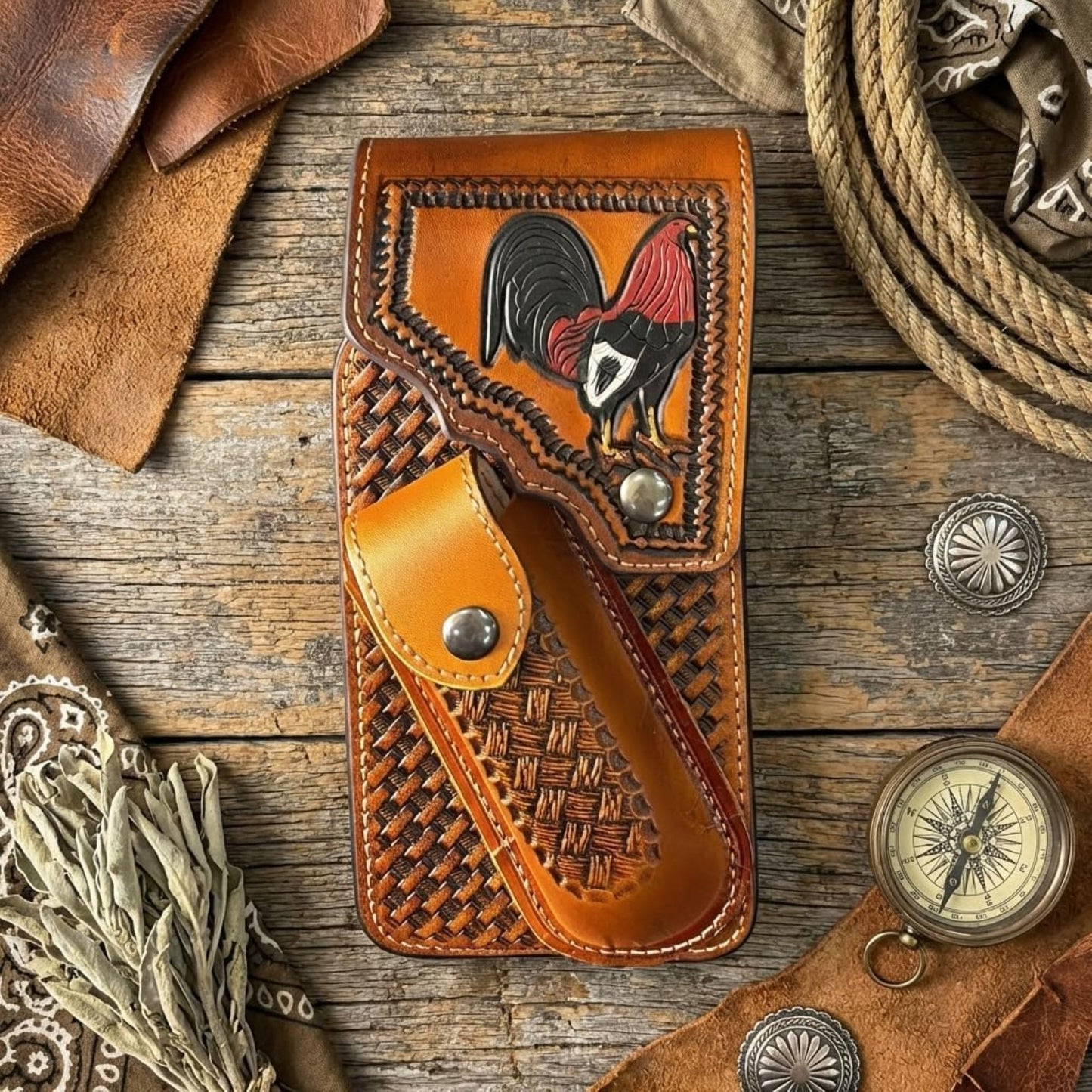 7" ROOSTER POUCH & KNIFE LEATHER HOLSTER XTRA LARGE  BELT LOOP CELL PHONE CASE UNIVERSAL OVERSIZE #EH13256