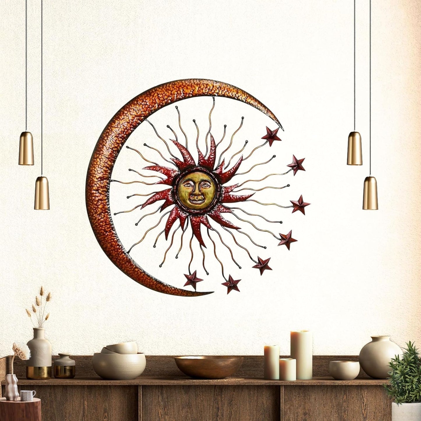 SUN MOON STARS 24" BROWN GOLD METAL WALL SIGN WESTERN HOME DECOR HANDMADE #EH13281
