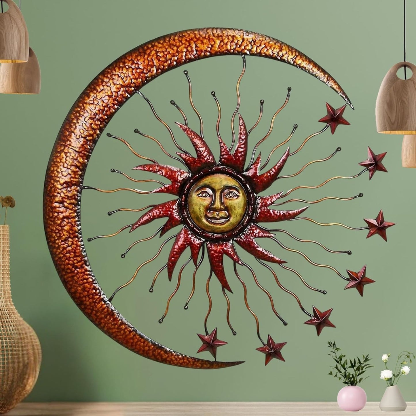 SUN MOON STARS 24" BROWN GOLD METAL WALL SIGN WESTERN HOME DECOR HANDMADE #EH13281