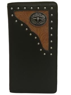 WESTERN LONGHORNS CHECKBOOK BI FOLD MEN'S LEATHER BLACK/TAN WALLET