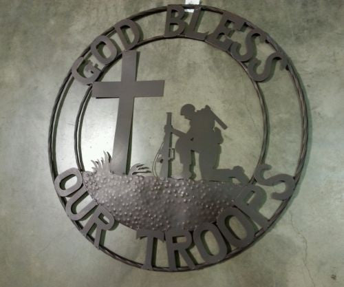 GOD BLESS OUR TROOPS 24",32" PRAYING COWBOY CHURCH SOLDIER MILITARY PATRIOTIC METAL SIGN WESTERN HOME DECOR NEW #SI_F142002