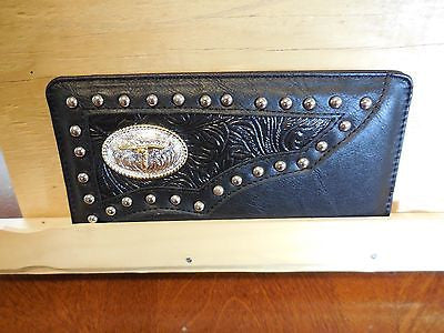 TEXAS LONGHORN CHECKBOOK BI FOLD MEN'S & WOMEN'S GENUINE LEATHER BLACK WALLET