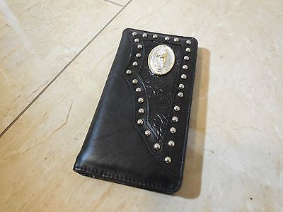 TEXAS LONGHORN CHECKBOOK BI FOLD MEN'S & WOMEN'S GENUINE LEATHER BLACK WALLET