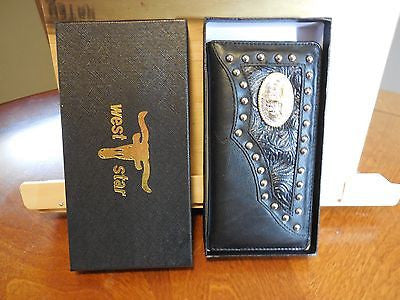 TEXAS LONGHORN CHECKBOOK BI FOLD MEN'S & WOMEN'S GENUINE LEATHER BLACK WALLET