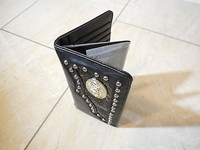 TEXAS LONGHORN CHECKBOOK BI FOLD MEN'S & WOMEN'S GENUINE LEATHER BLACK WALLET