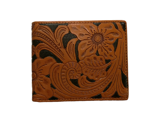WESTERN GENUINE BI FOLD LEATHER MEN'S SHORT WALLET BLACK/TAN NEW