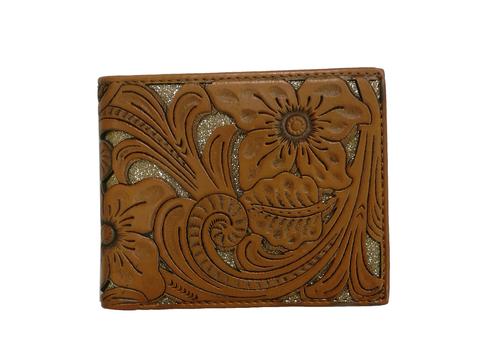 WESTERN GENUINE BI FOLD LEATHER MEN'S SHORT WALLET SILVER/TAN NEW