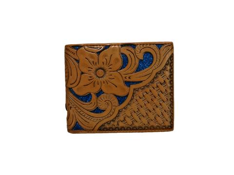 WESTERN GENUINE BI FOLD LEATHER MEN'S SHORT WALLET BLUE/TAN NEW