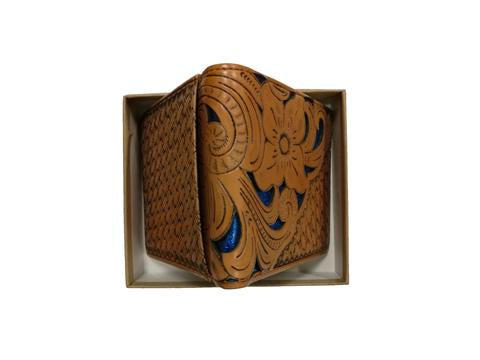 WESTERN GENUINE BI FOLD LEATHER MEN'S SHORT WALLET BLUE/TAN NEW