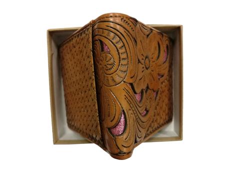 WESTERN GENUINE BI FOLD LEATHER MEN'S SHORT WALLET PINK/TAN NEW