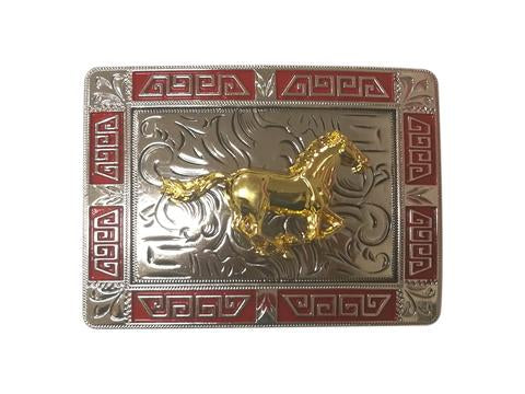 HORSE BELT BUCKLE GOLD SILVER & RED OUTLINE WESTERN METAL BUCKLE FASHION ART 4.5" X 3.5"  #EH12262