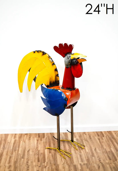 #34-001 MULTI COLOR ROOSTER CHICKEN GARDEN METAL ANIMAL SCULPTURE METAL DECOR ORNAMENT 16"L x 20" high