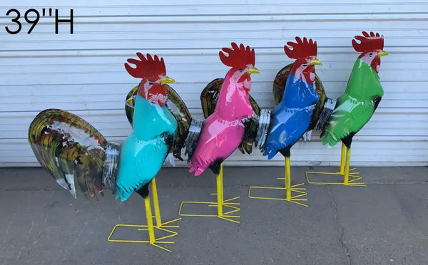 MULTI COLOR ROOSTER CHICKEN GARDEN METAL ANIMAL SCULPTURE METAL DECOR ORNAMENT 16"L x 20" high #34-095