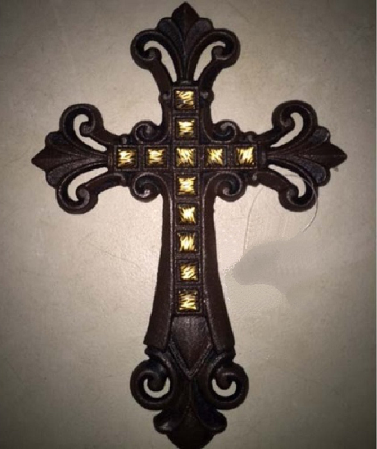 Fleur De Lis Cross Beige Stones Cast Iron Wall Cross Rustic Brown Western Home Decor : Item#56367-B-- Free Shipping