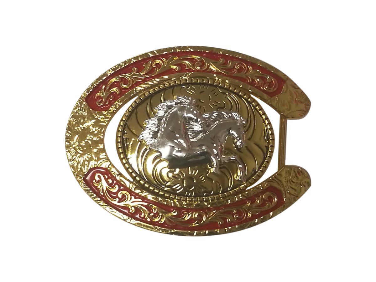 DOUBLE HORSE BELT BUCKLE GOLD SILVER RED WESTERN BUCKLE FASHION ART NEW #EH12283