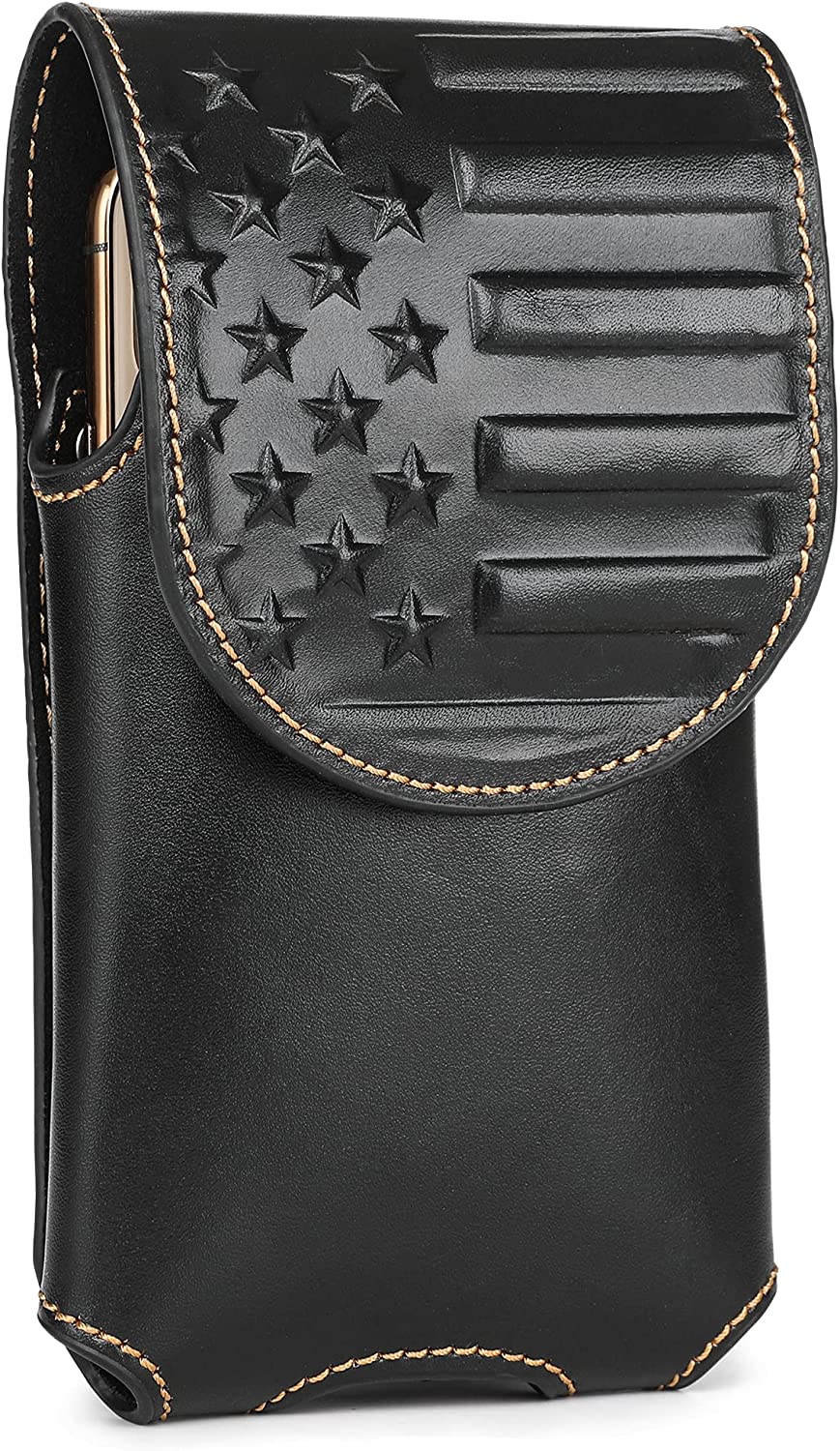 7" USA FLAG LEATHER HOLSTER POUCH BLACK EXTRA LARGE  BELT LOOP CELL PHONE CASE UNIVERSAL OVERSIZE #EH13718