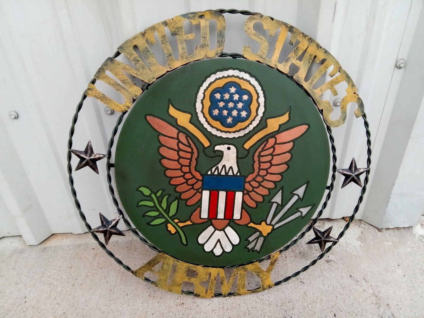21" ARMY UNITED STATES MILITARY METAL RING, LETTERS WITH WOOD PLAQUE ART WESTERN HOME DECOR