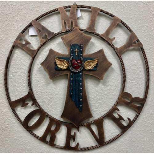 HEART FAMILY FOREVER CROSS 25" METAL WALL CROSS WESTERN HOME DECOR HANDMADE #EH13173