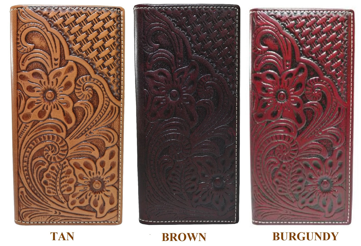 WESTERN CHECKBOOK BI FOLD MENS WALLET GENUINE LEATHER BROWN FRONT FLORAL EMBOSSED