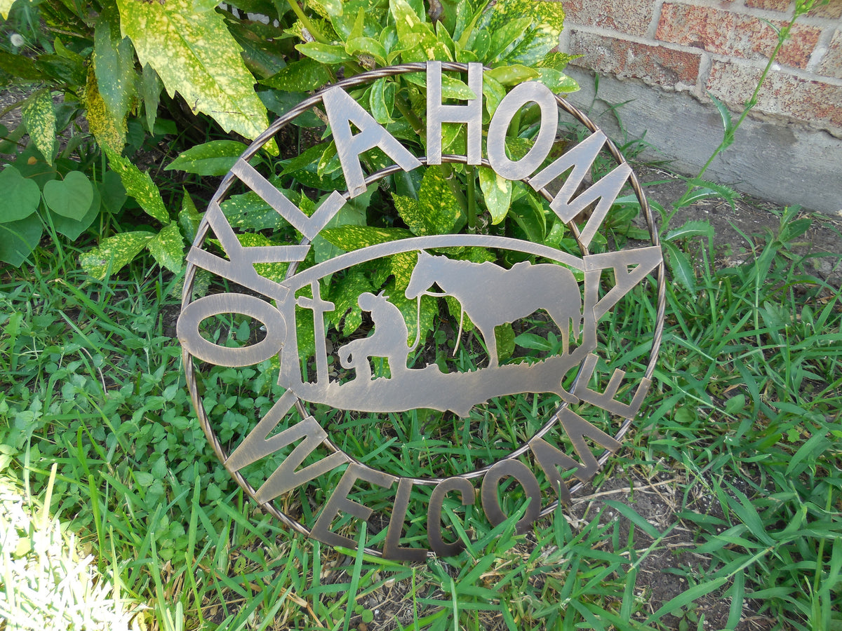 #SI_A15204 OKLAHOMA WELCOME 18" SIGN METAL WALL ART WESTERN HOME DECOR HANDMADE NEW