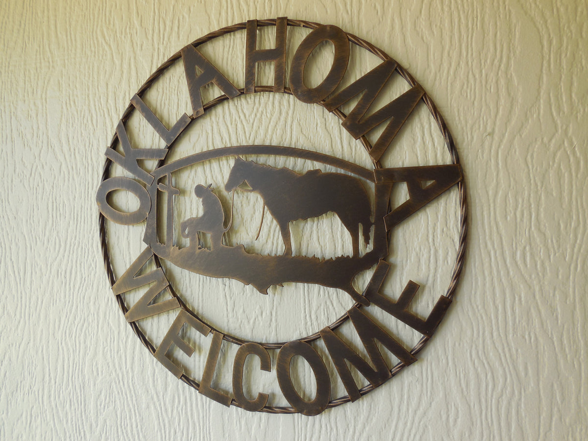 #SI_A15204 OKLAHOMA WELCOME 18" SIGN METAL WALL ART WESTERN HOME DECOR HANDMADE NEW