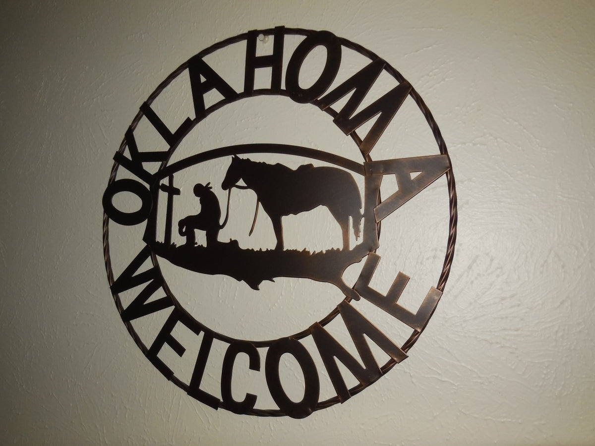 #SI_A15204 OKLAHOMA WELCOME 18" SIGN METAL WALL ART WESTERN HOME DECOR HANDMADE NEW