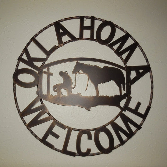#SI_A15204 OKLAHOMA WELCOME 18" SIGN METAL WALL ART WESTERN HOME DECOR HANDMADE NEW