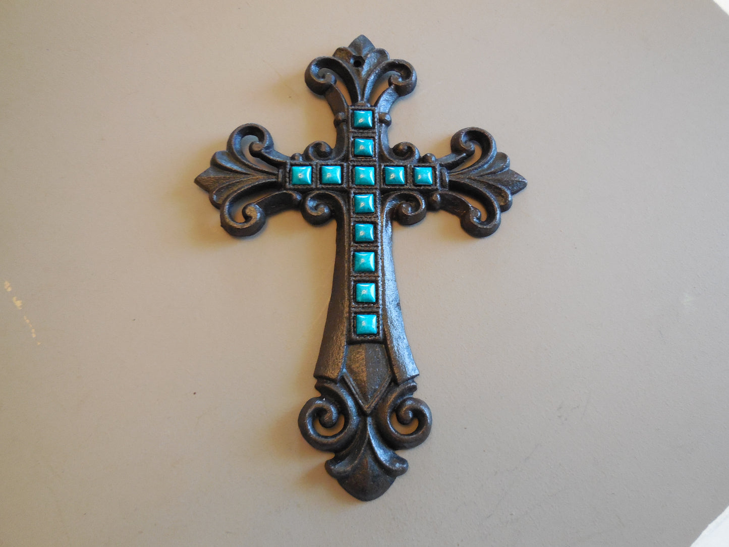 Turquoise Fleur De Lis Cross Cast Iron Decorative Wall Cross Rustic Brown Decor #56367-T