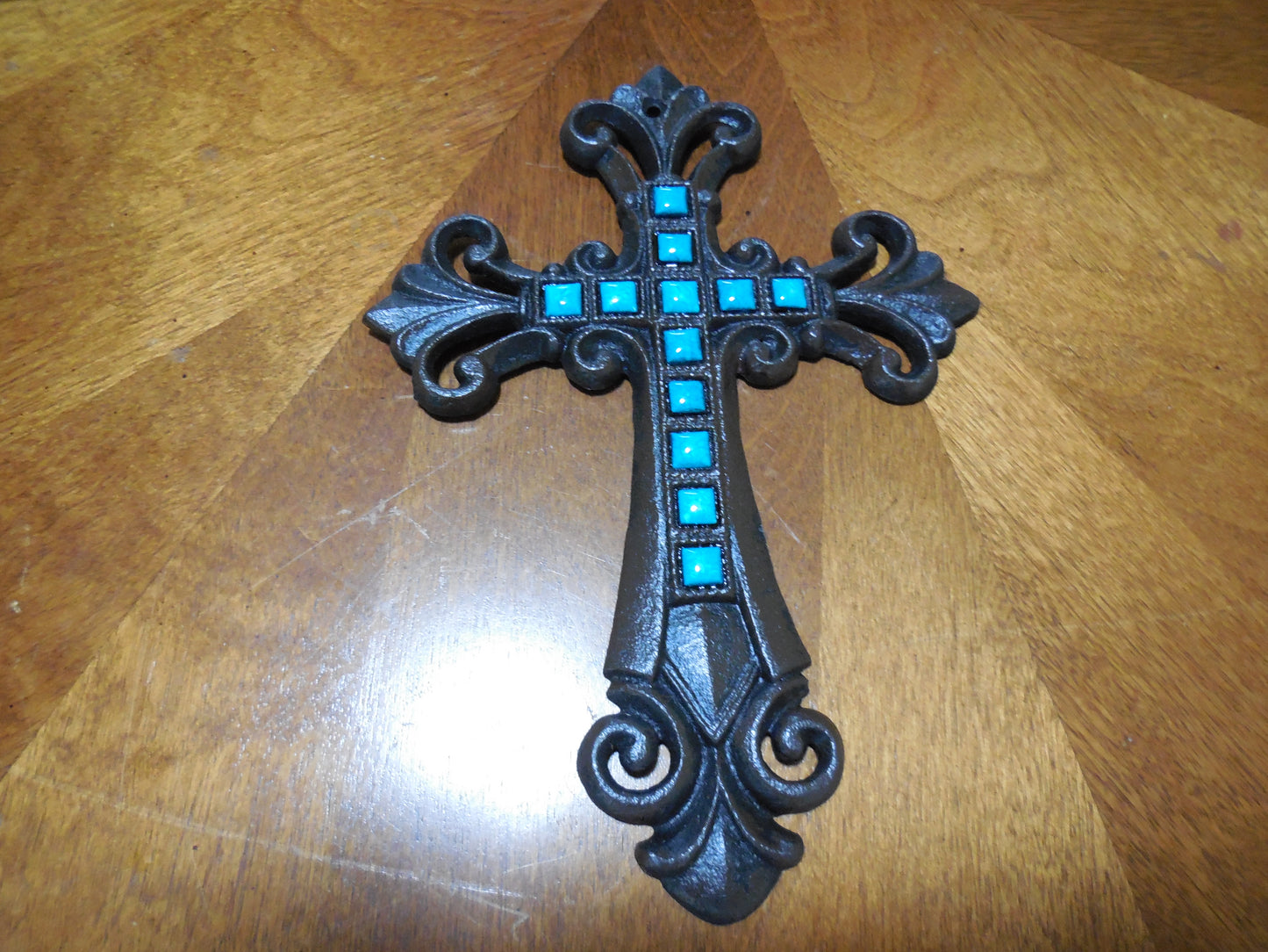 Turquoise Fleur De Lis Cross Cast Iron Decorative Wall Cross Rustic Brown Decor #56367-T