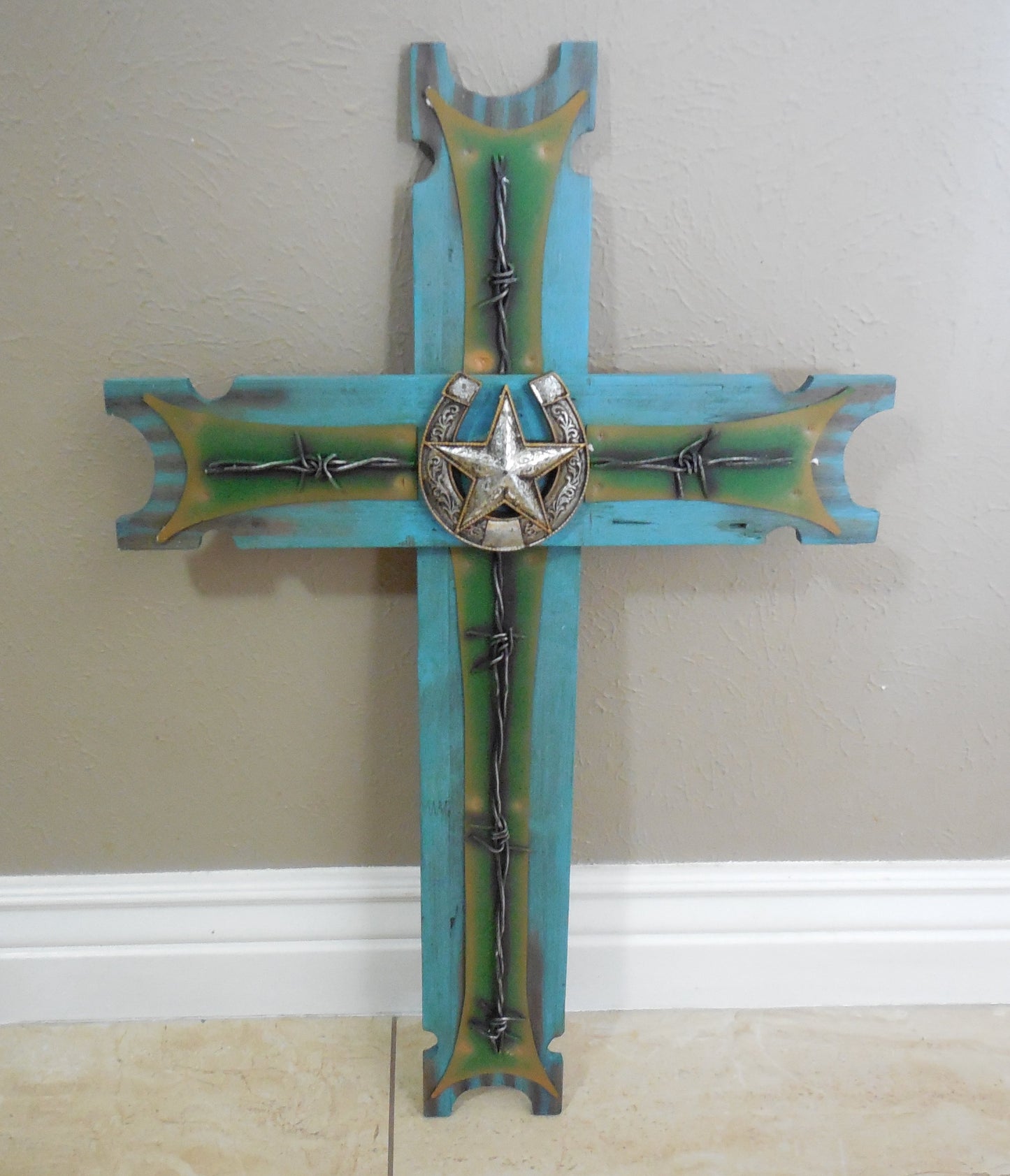 P&G HORSESHOE STAR WOOD CROSS WESTERN HOME DECOR NEW ART--FREE SHIPPING