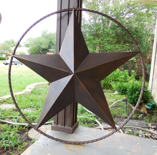 LONE STAR 48" METAL BARN STAR TWISTED ROPE RING RUSTIC BRONZE WESTERN HOME DECOR HANDMADE-#EH10014