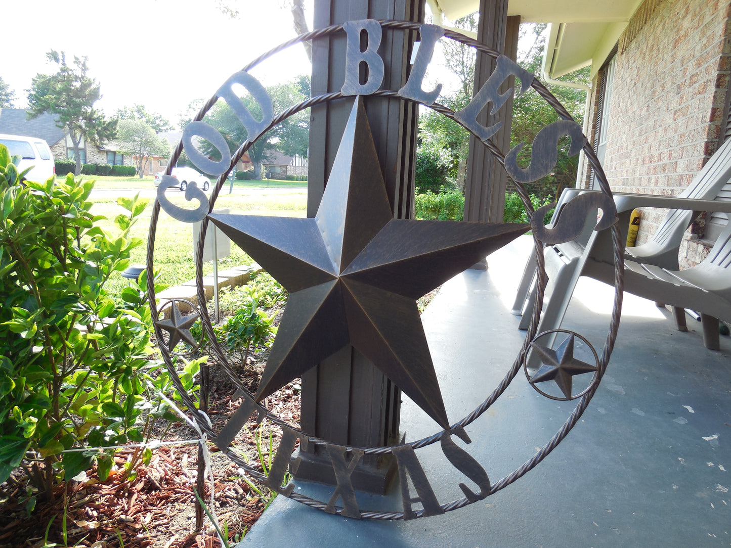 #EH10195 GOD BLESS TEXAS BARN STAR METAL LONE STAR WESTERN HOME DECOR HANDMADE NEW