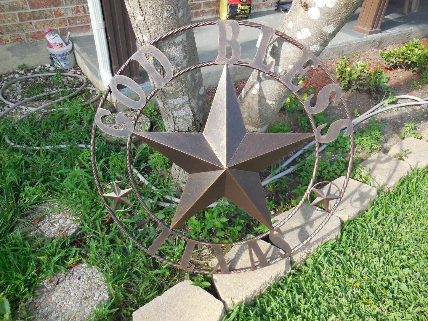 #EH10195 GOD BLESS TEXAS BARN STAR METAL LONE STAR WESTERN HOME DECOR HANDMADE NEW
