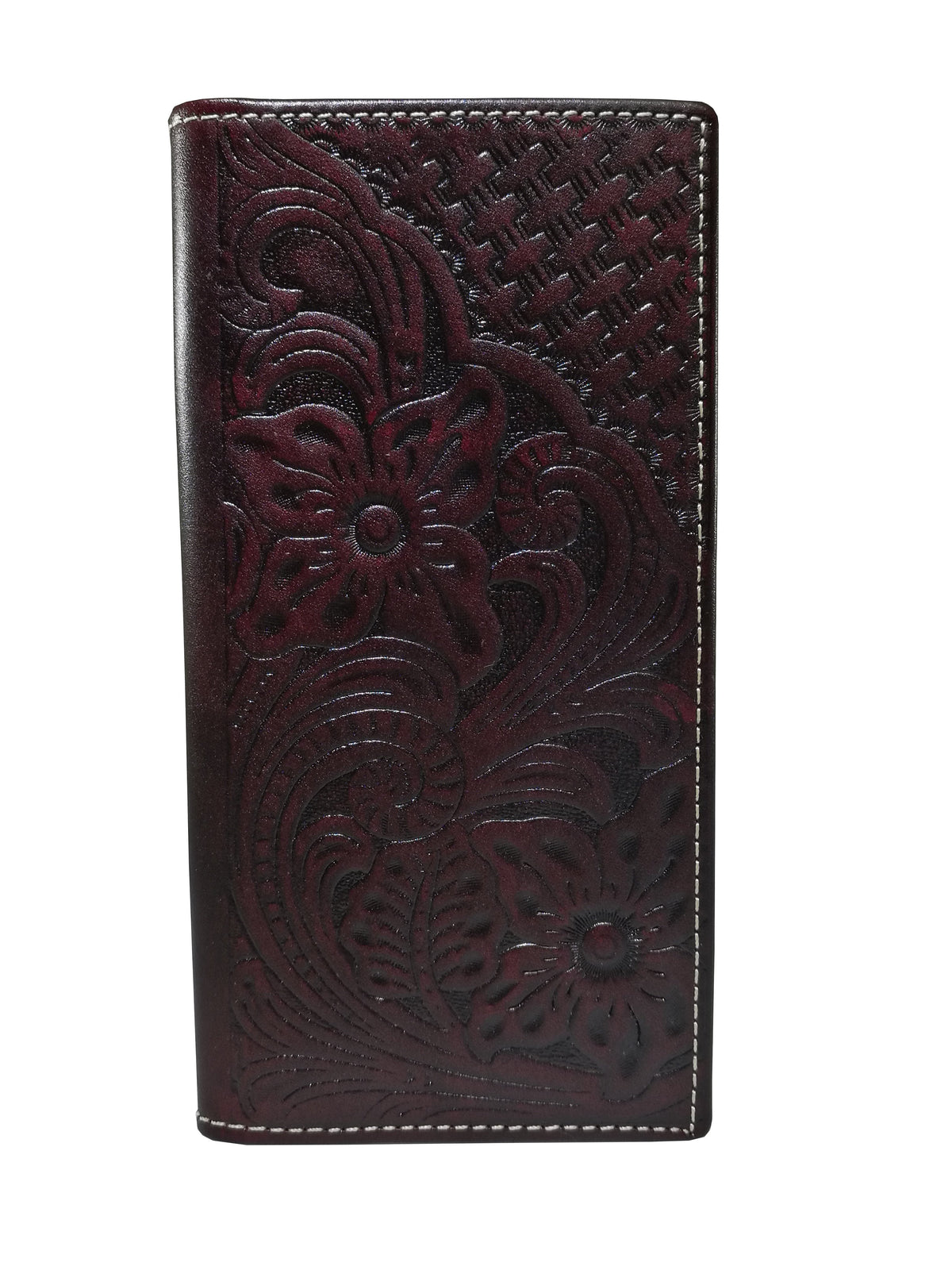 WESTERN CHECKBOOK BI FOLD MENS WALLET GENUINE LEATHER BROWN FRONT FLORAL EMBOSSED
