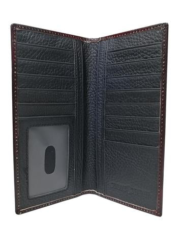 WESTERN CHECKBOOK BI FOLD MENS WALLET GENUINE LEATHER BROWN FRONT FLORAL EMBOSSED