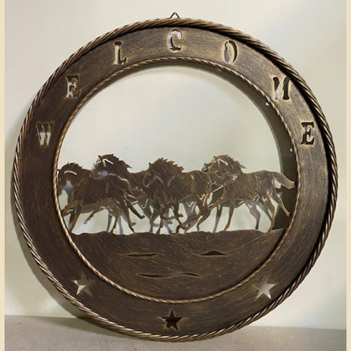 24" WELCOME RUNNING HORSES METAL WALL ART SIGN WESTERN HOME DECOR HANDMADE NEW #EH10406
