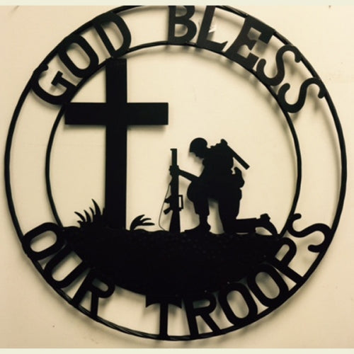GOD BLESS OUR TROOPS 24",32" PRAYING COWBOY CHURCH SOLDIER MILITARY PATRIOTIC METAL SIGN WESTERN HOME DECOR NEW #SI_F142002