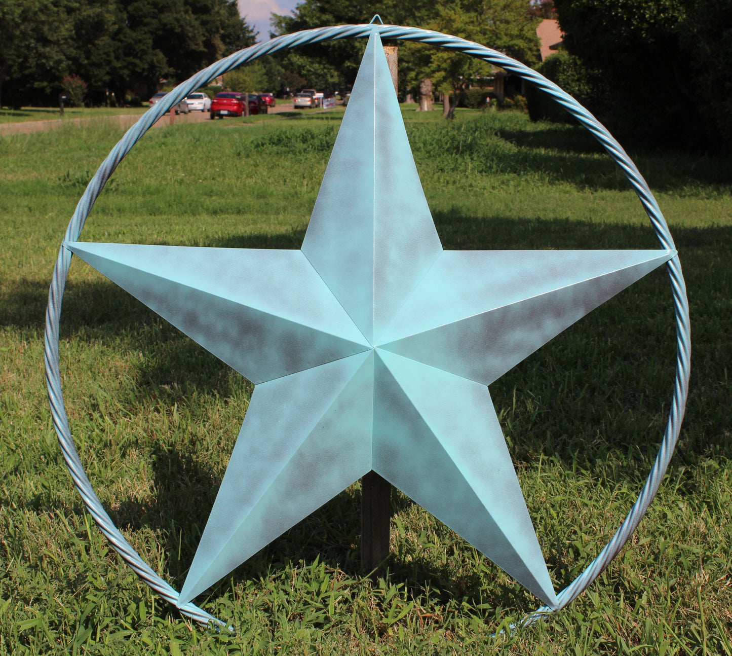 #EH10485 TURQUOISE DISTRESSED TWO TONE BARN STAR METAL LONESTAR TWISTED ROPE RING WETSERN HOME DECOR HANDMADE NEW
