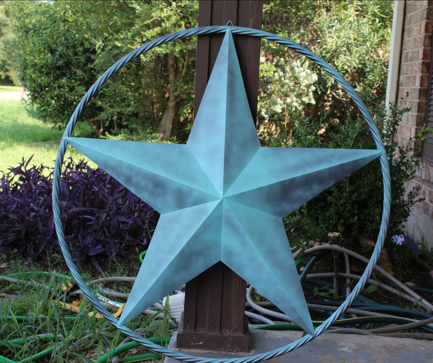 #EH10485 TURQUOISE DISTRESSED TWO TONE BARN STAR METAL LONESTAR TWISTED ROPE RING WETSERN HOME DECOR HANDMADE NEW