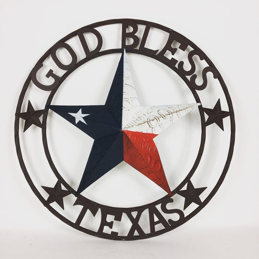 GOD BLESS TEXAS LICENSE PLATE BARN STAR TWIST ROPE RING WESTERN HOME DECOR RED WHITE BLUE & BROWN RING HANDMADE NEW #EH11962