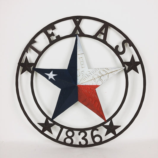 24",32",36" 1836 TEXAS LICENSE PLATE LONE STAR BARN STAR TWISTED ROPE RING WESTERN HOME DECOR TEXAS FLAG RED WHITE & BLUE STAR HANDMADE #EH10366