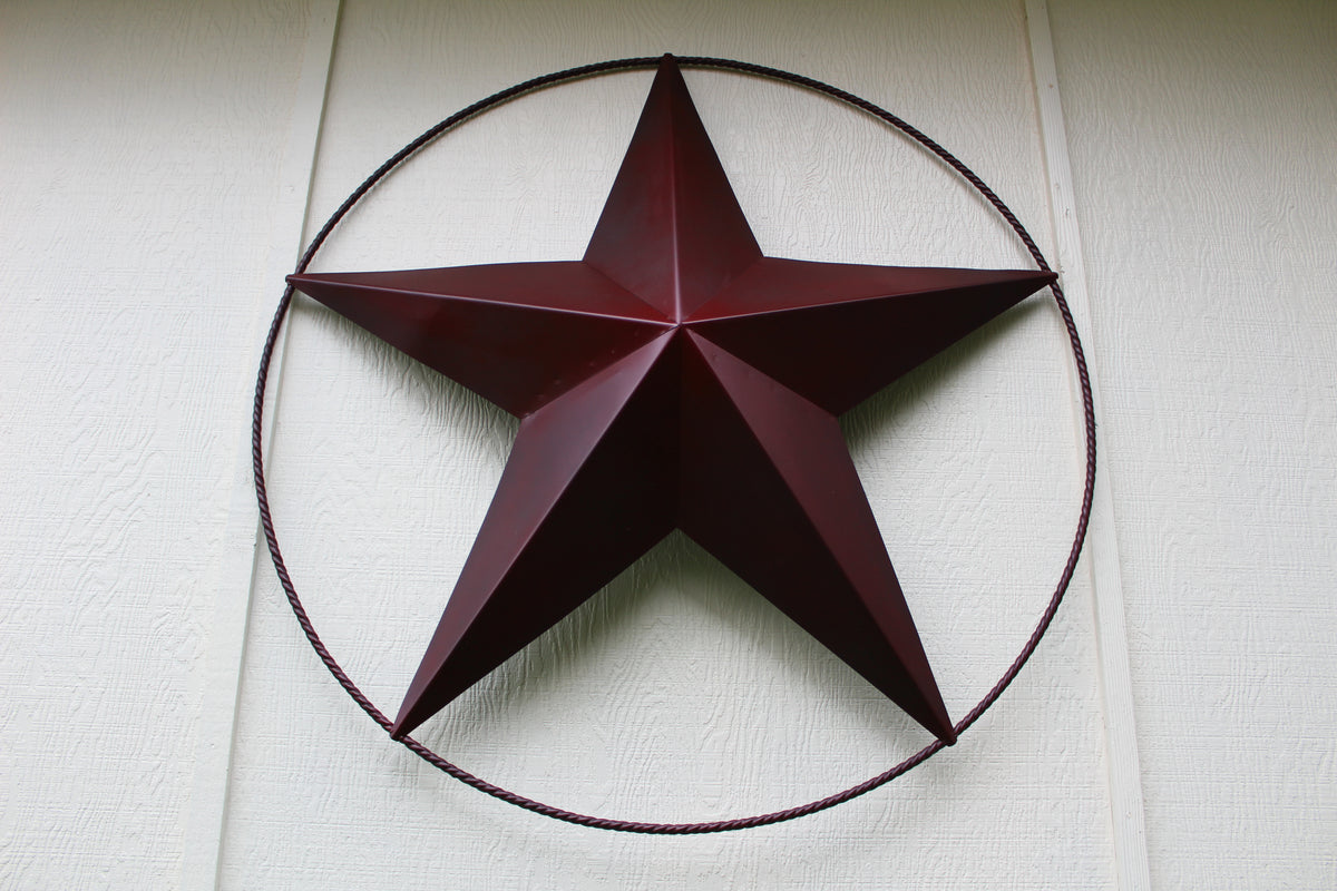 48" BARN LONE STAR WITH LARGE TWISTED ROPE RING METAL ART VINTAGE RUSTIC BURGUNDY RED NEW