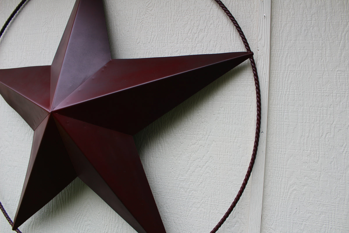 48" BARN LONE STAR WITH LARGE TWISTED ROPE RING METAL ART VINTAGE RUSTIC BURGUNDY RED NEW