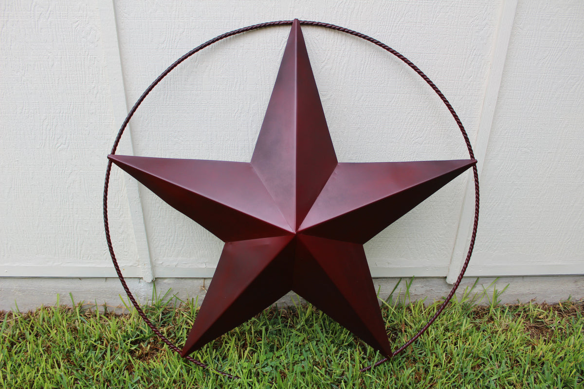 48" BARN LONE STAR WITH LARGE TWISTED ROPE RING METAL ART VINTAGE RUSTIC BURGUNDY RED NEW