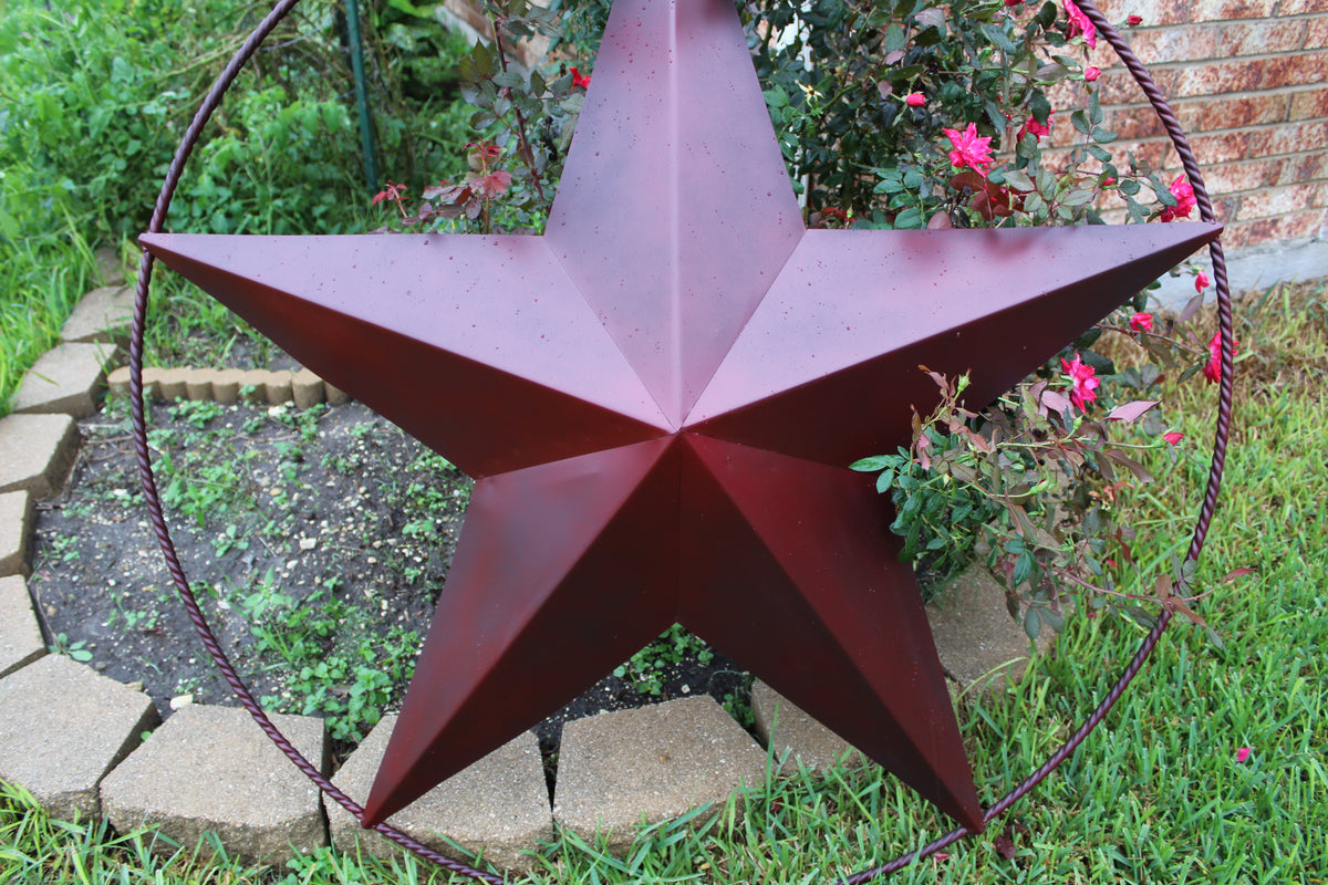 48" BARN LONE STAR WITH LARGE TWISTED ROPE RING METAL ART VINTAGE RUSTIC BURGUNDY RED NEW